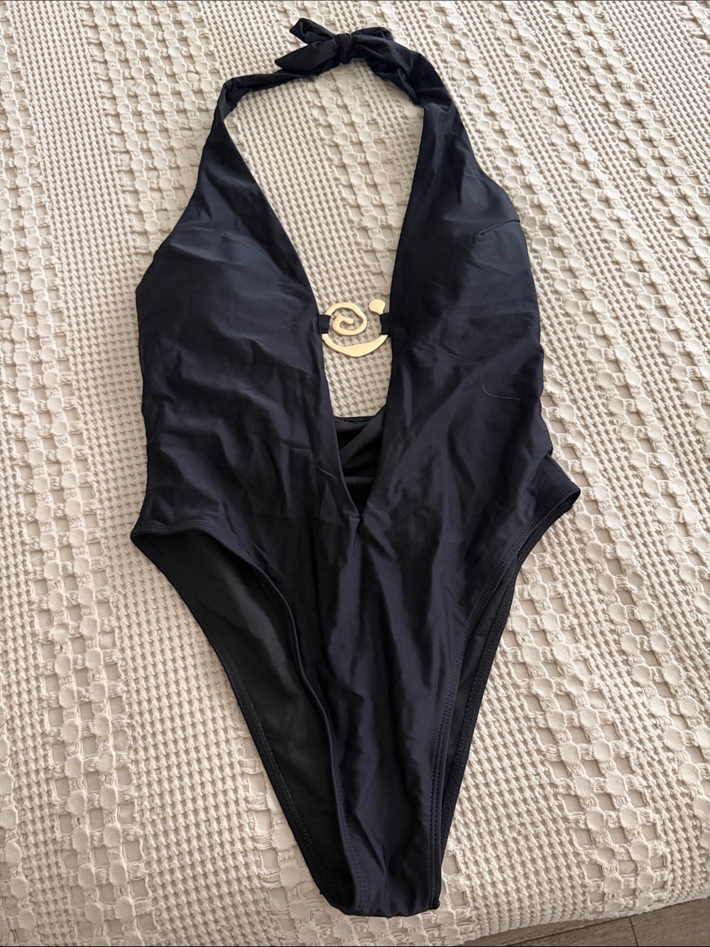 Black Halter One-Piece Swimsuit with Gold Accent
